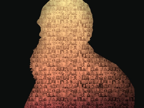 Silhouette of Charles Darwin filled with photos of overlooked scientists