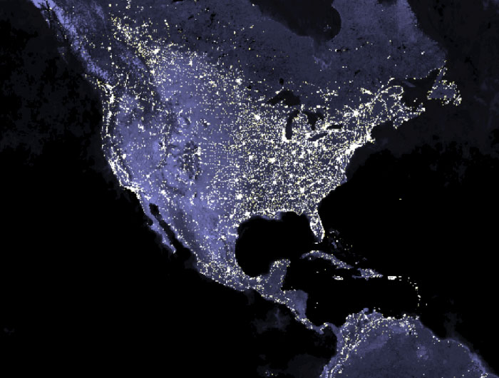 Map of nighttime lights north america