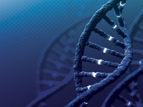 DNA in blue with a blue polka-dot background