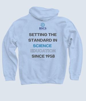 Light blue pullover hoodie that says, "Setting the Standard in Science Education Since 1958"