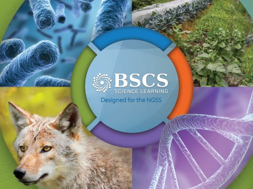 Front cover of the textbook, BSCS Biology with an image of bacteria, a garden, a coyote, and DNA.