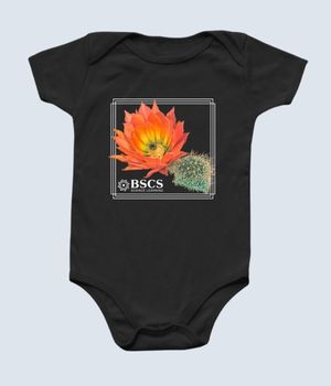 A black baby onesie with an image of an orange cactus flower
