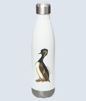 A white water bottle with a drawing of a grebe