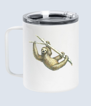 Image: White mug with a handle and a drawing of a sloth.