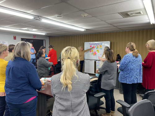 Numerous teachers in a room looking at a white board full of colored Post-it notes