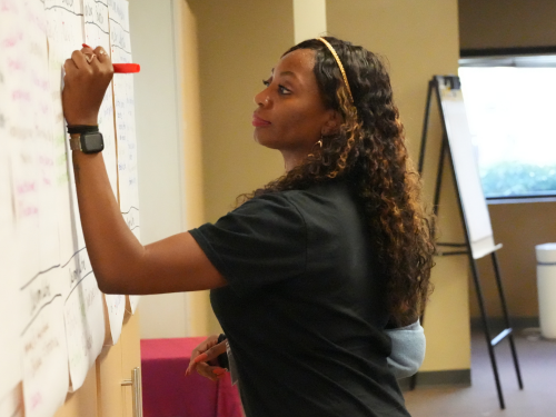 PDPI participant writing on a large Post-it note on the wall with a marker
