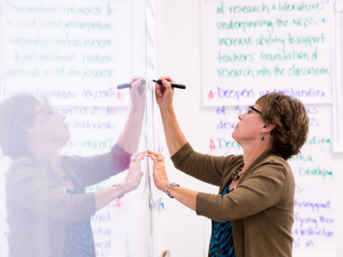 Image: Woman writing on a dry erase board with large Post-it notes on the wall behind her.