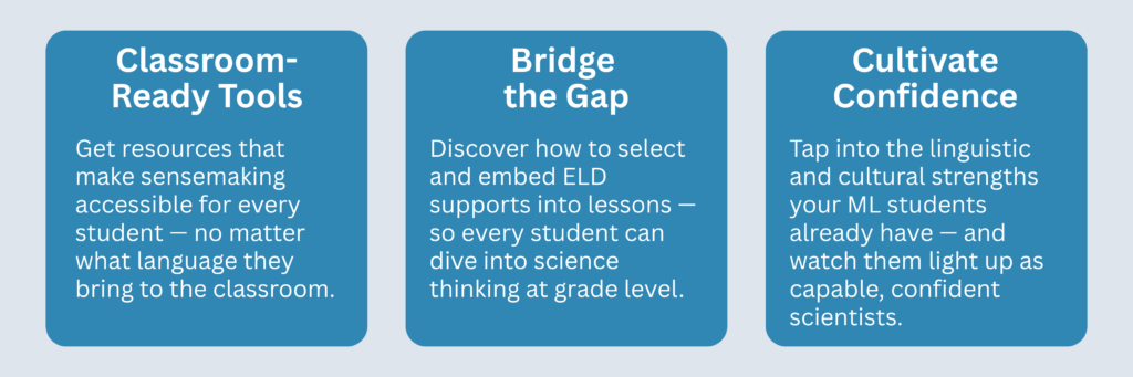 Classroom-Ready Tools: Get resources that make sensemaking accessible for every student--no matter what language they bring to the classroom. Bridge the Gap: Discover how to select and embed ELD support into lessons--so every student can dive into science thinking at grade level. Cultivate Confidence: Tap into linguistic and cultural strengths your ML students already have--and watch them light up as capable, confident scientists.