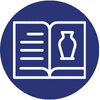 White line icon of an open book with text lines on the left page and a vase illustration on the right page, inside a dark blue circle.