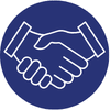 White line icon of two hands shaking in agreement, set inside a dark blue circle.